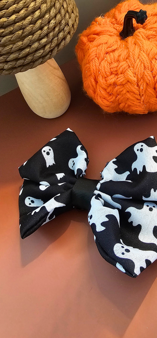 Ghost Hair Bow – Halloween Hair Clip for Kids | Handmade Black Bow with White Ghosts