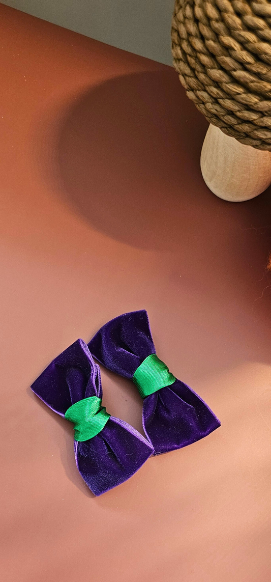 Velvet Halloween Hair Bow – Purple Velvet Clip with Green Accent | Girls Costume Accessory