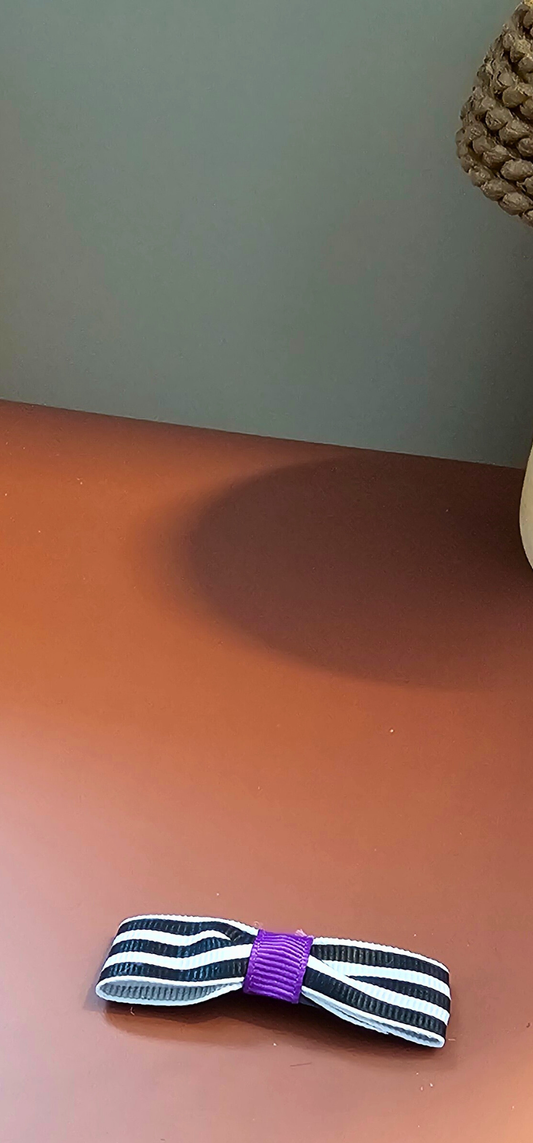 Striped Halloween Hair Bow – Black & White Grosgrain Clip with Purple Accent | Kids Costume Accessory