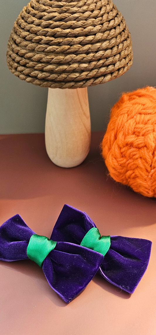 Velvet Halloween Hair Bow – Purple Velvet Clip with Green Accent | Girls Costume Accessory
