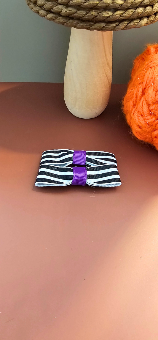 Striped Halloween Hair Bow – Black & White Grosgrain Clip with Purple Accent | Kids Costume Accessory