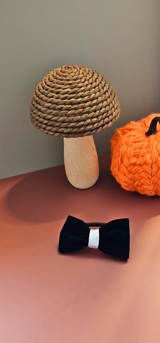 Black Velvet Bow Tie – Halloween Costume Accessory | Handmade Formal Bow with White Centre Band