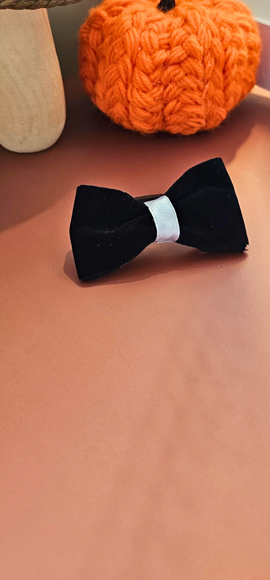 Black Velvet Bow Tie – Halloween Costume Accessory | Handmade Formal Bow with White Centre Band