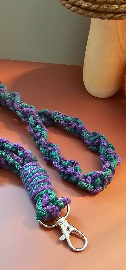 Braided Wristlet Keychain – Purple & Green Macrame Key Fob | Handmade Halloween Accessory
