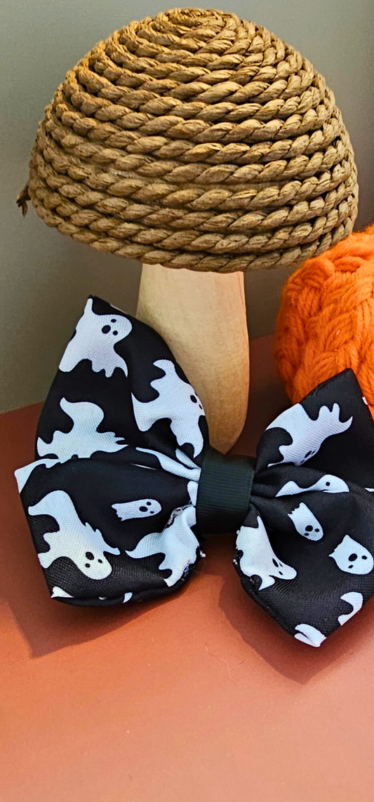 Ghost Hair Bow – Halloween Hair Clip for Kids | Handmade Black Bow with White Ghosts