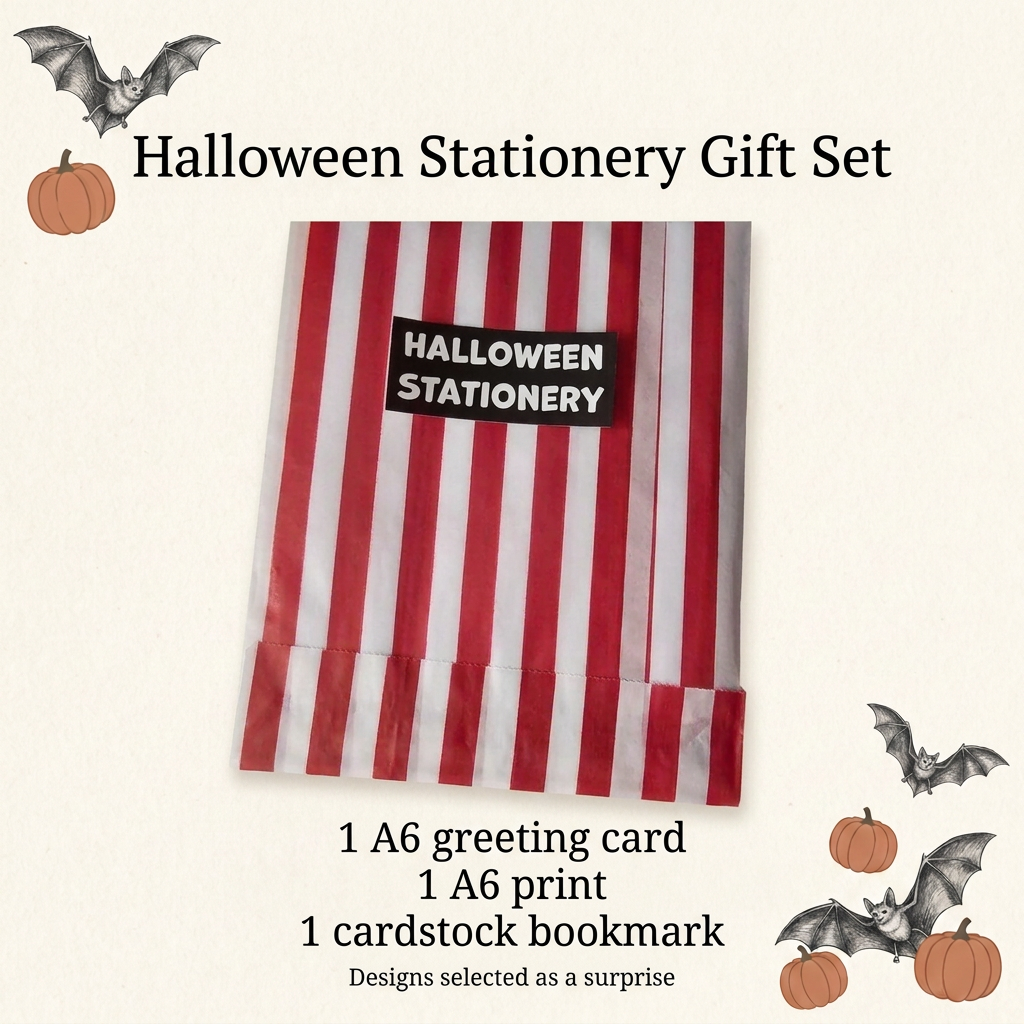 Halloween stationery gift set with its three contents listed