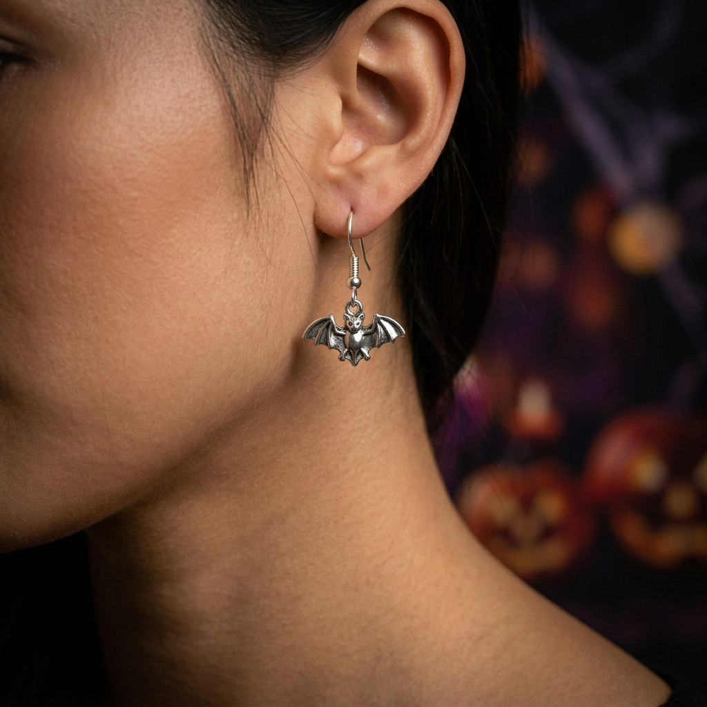 Simplified worn view with a single silver bat charm earring